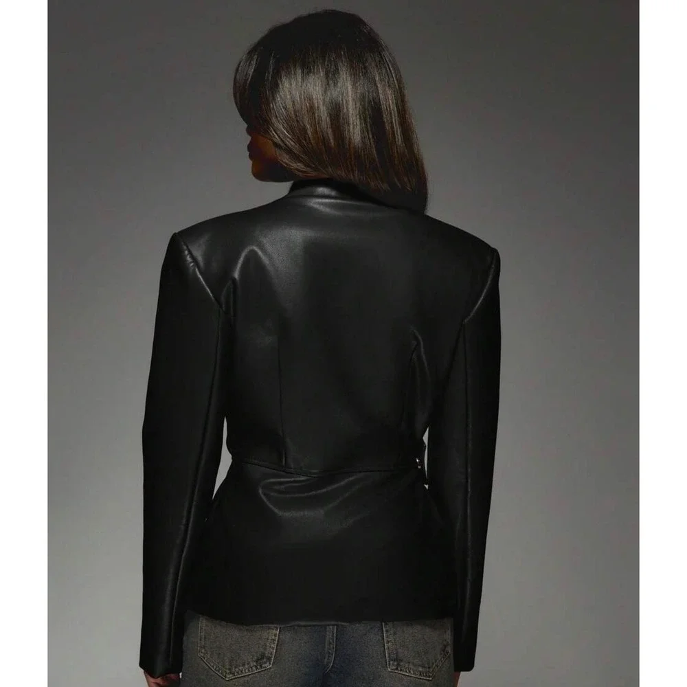 Missguided Womens Faux Leather Wrap Jacket Black Peplum Stand Collar medium